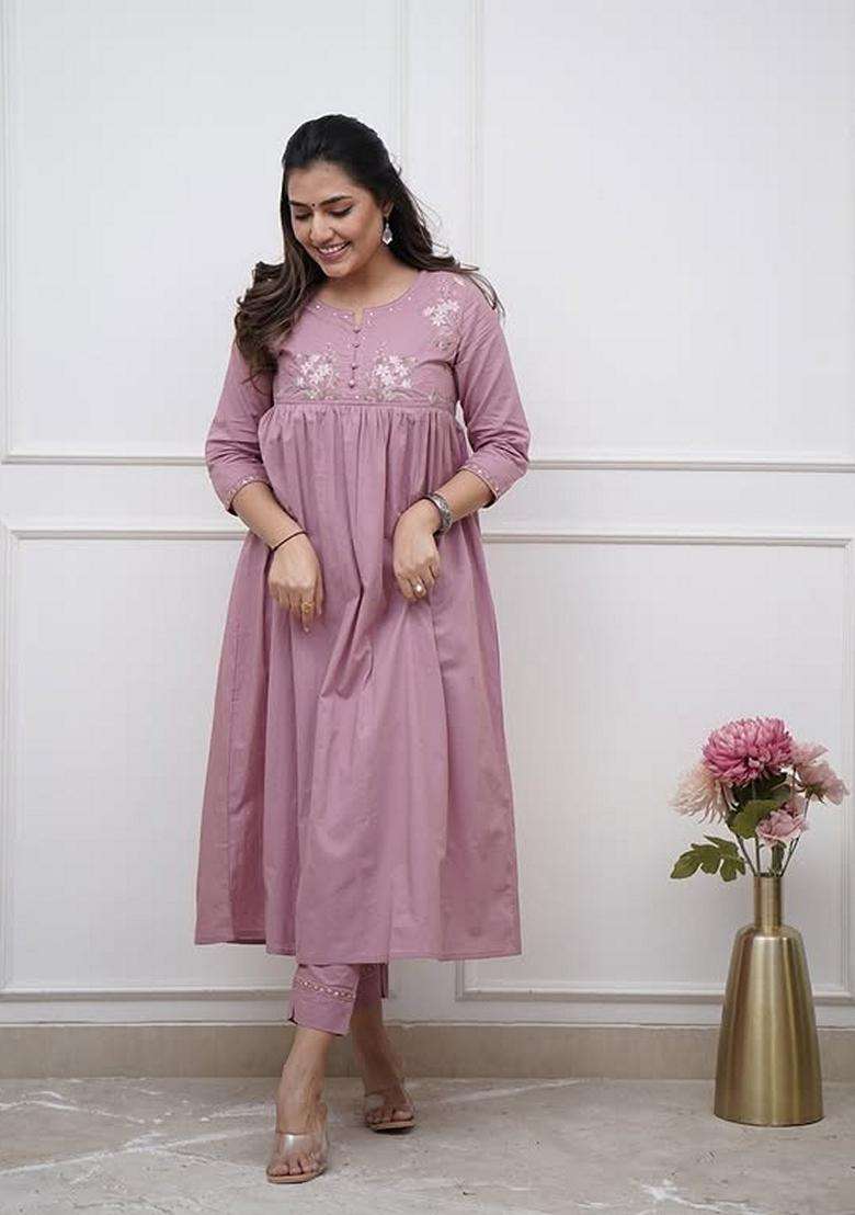 Lilac Embroidered Cotton A Line Kurta Set - Indya