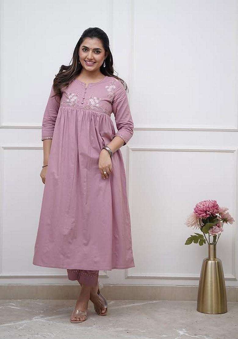 Lilac Embroidered Cotton A Line Kurta Set - Indya