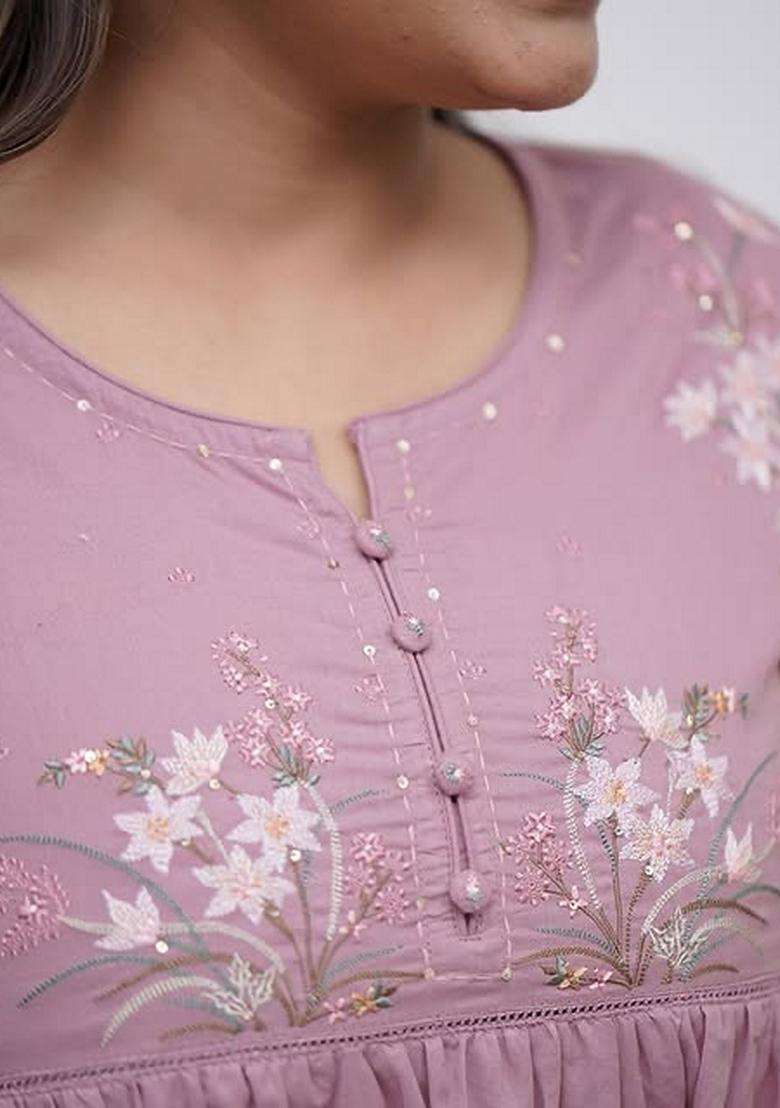 Lilac Embroidered Cotton A Line Kurta Set - Indya
