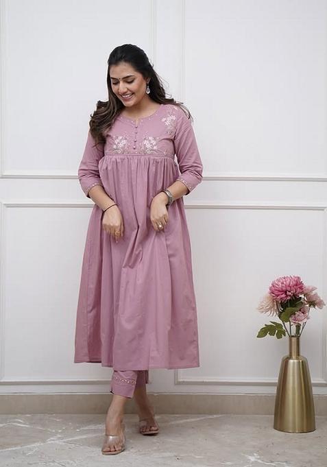Lilac Embroidered Cotton A Line Kurta Set