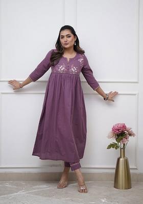 Purple Embroidered Cotton A Line Kurta Set