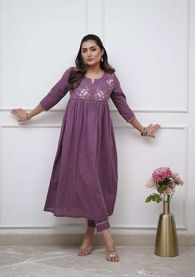 Purple Embroidered Cotton A Line Kurta Set - Indya