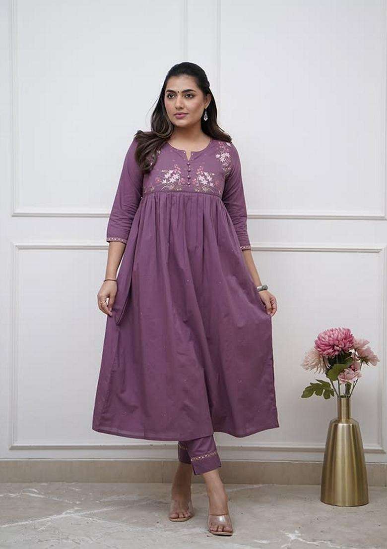 Purple Embroidered Cotton A Line Kurta Set - Indya
