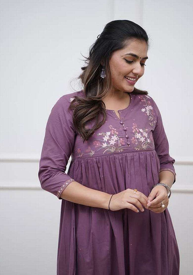 Purple Embroidered Cotton A Line Kurta Set - Indya