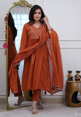 Brown Embroidered Cotton A Line Kurta Set