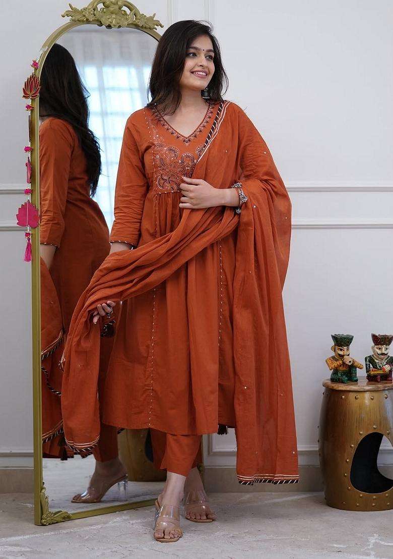 Brown Embroidered Cotton A Line Kurta Set - Indya