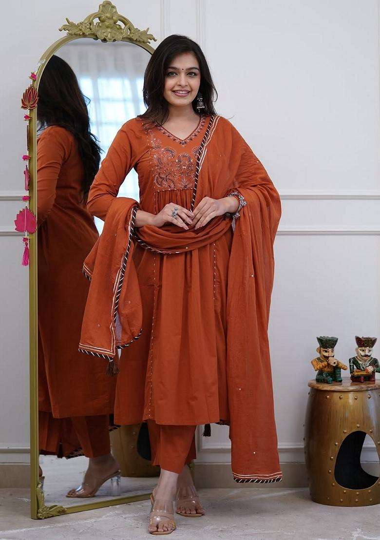 Brown Embroidered Cotton A Line Kurta Set - Indya
