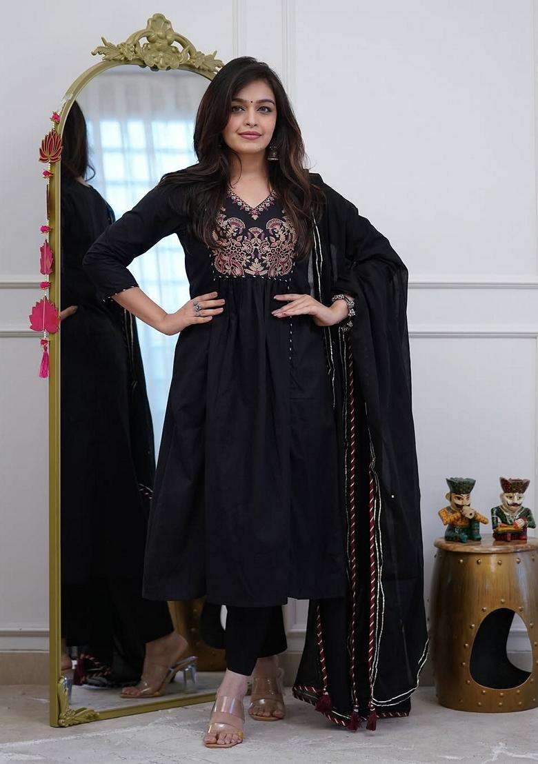 Black Embroidered Cotton Anarkali Set - Indya