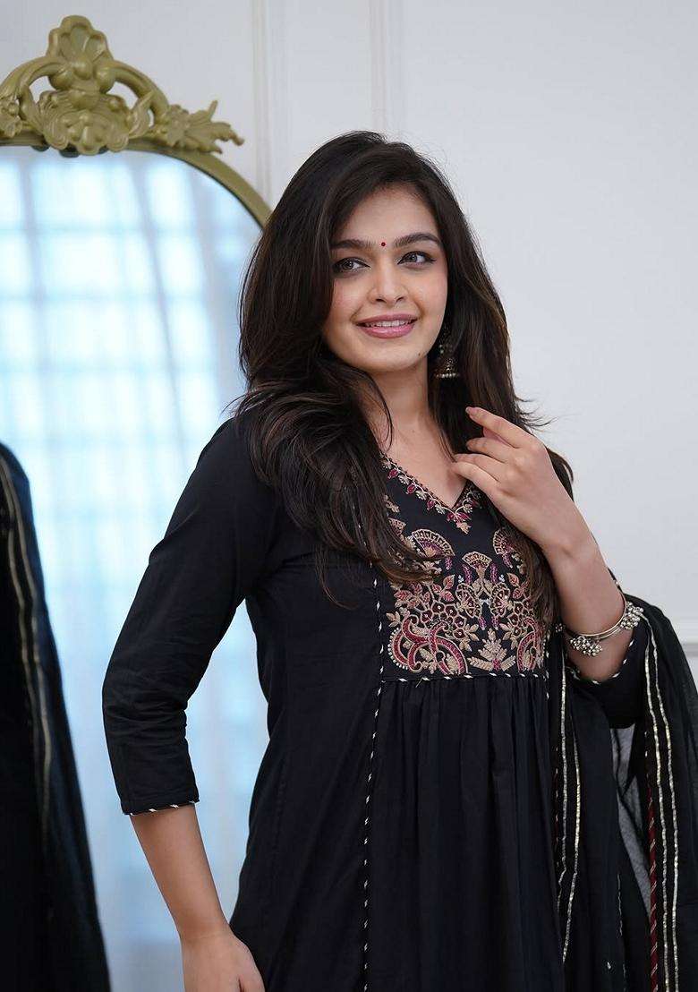 Black Embroidered Cotton Anarkali Set - Indya