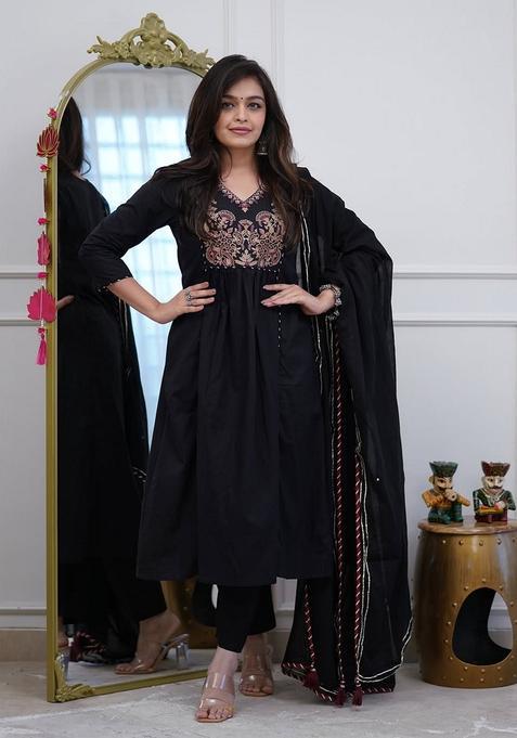 Black Embroidered Cotton Anarkali Set