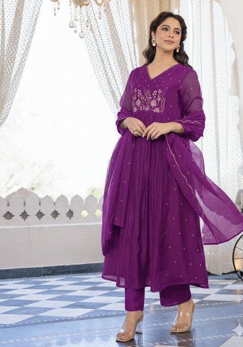 Purple Embroidered Cotton Anarkali Set