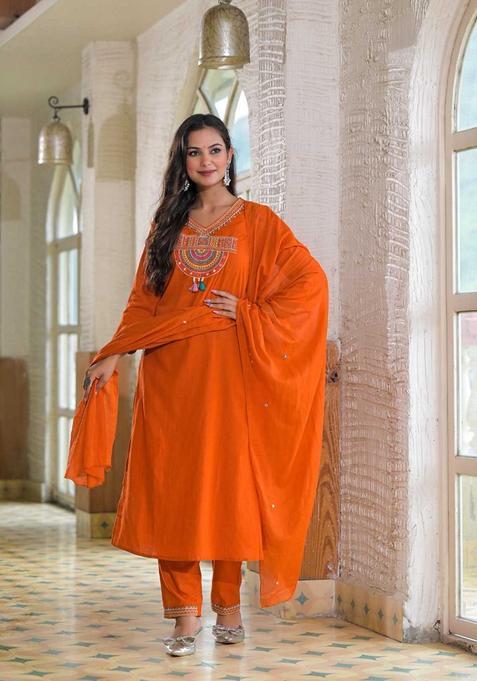 Rust Embroidered Cotton Pakistani Suit Set
