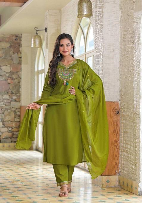 Green Embroidered Cotton Straight Kurta Set