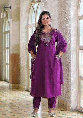 Blue Embroidered Cotton Straight Kurta Set