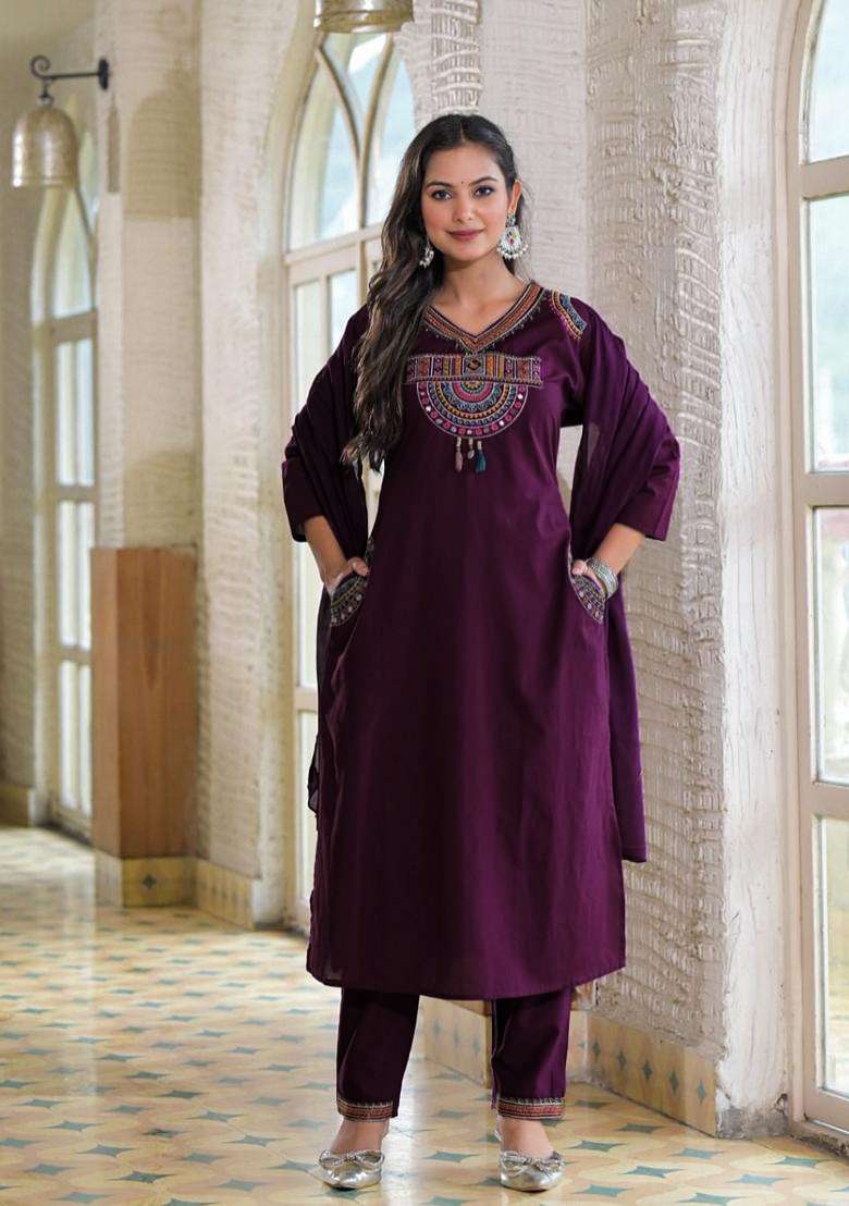 Blue Embroidered Cotton Straight Kurta Set - Indya