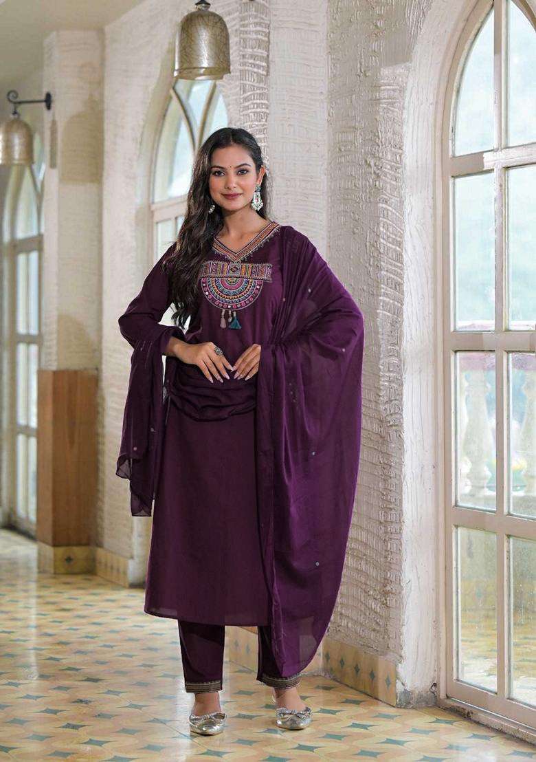 Blue Embroidered Cotton Straight Kurta Set - Indya