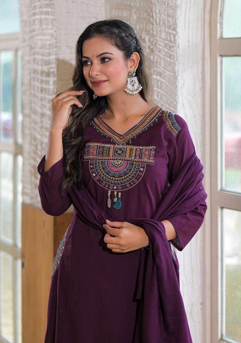 Blue Embroidered Cotton Straight Kurta Set - Indya