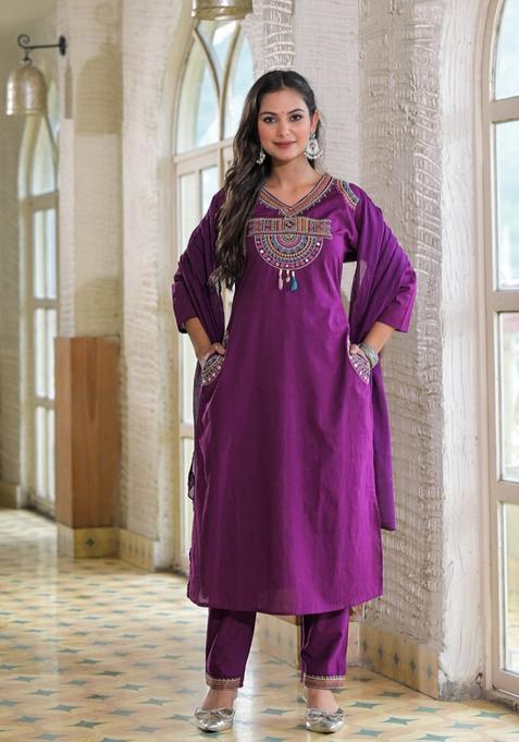 Blue Embroidered Cotton Straight Kurta Set