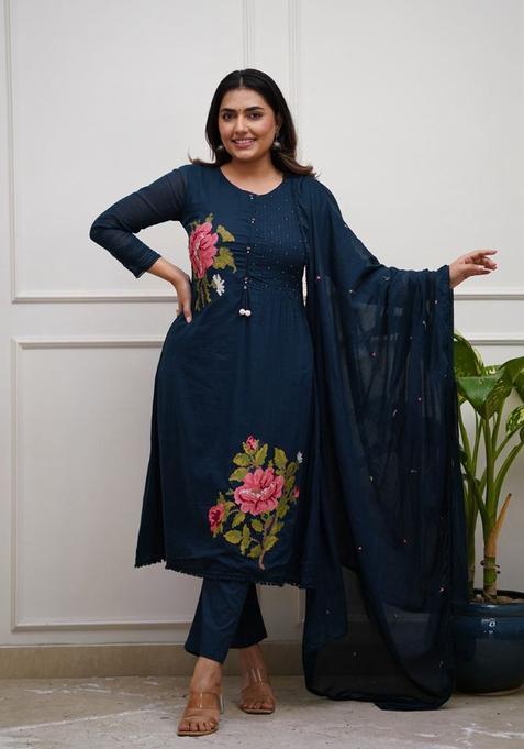 Blue Embroidered Cotton A Line Kurta Set