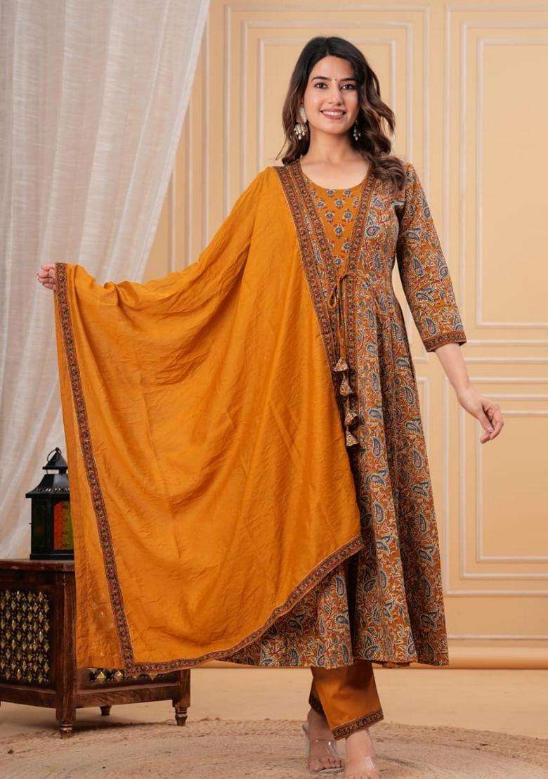 Dark Yellow Printed Cotton Anarkali Set - Indya