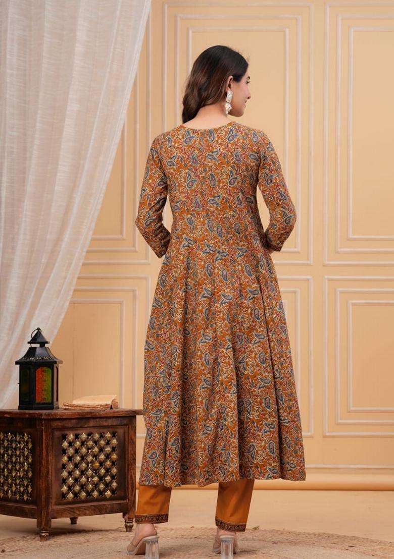 Dark Yellow Printed Cotton Anarkali Set - Indya