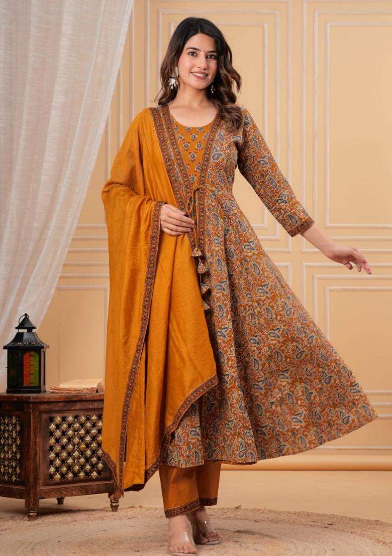 Dark Yellow Printed Cotton Anarkali Set - Indya