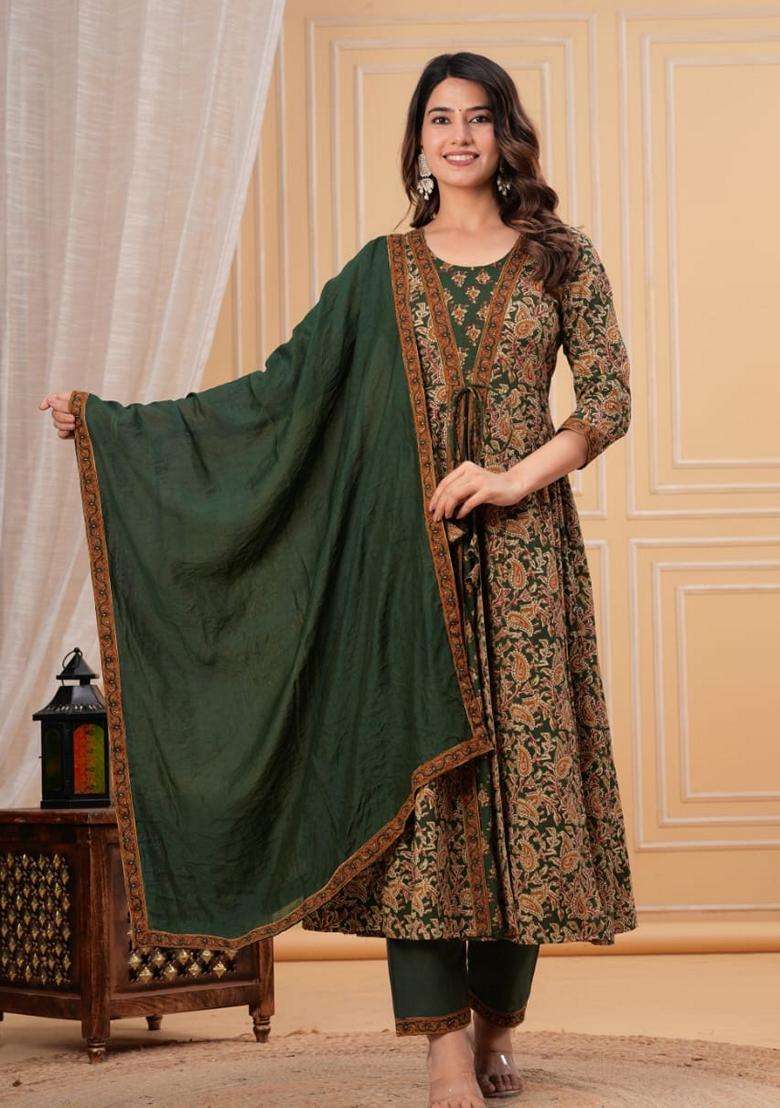 Green Printed Cotton Anarkali Set - Indya