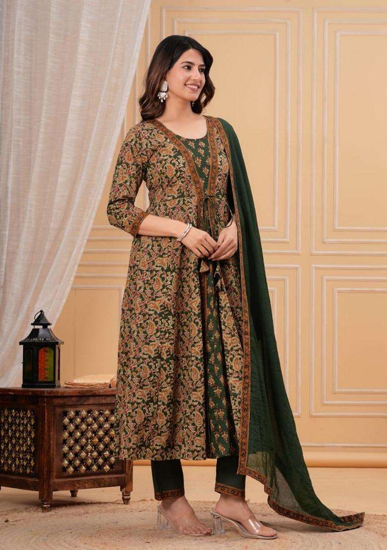 Green Printed Cotton Anarkali Set - Indya