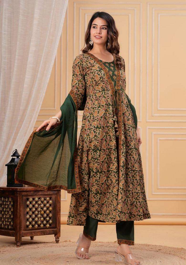 Green Printed Cotton Anarkali Set - Indya