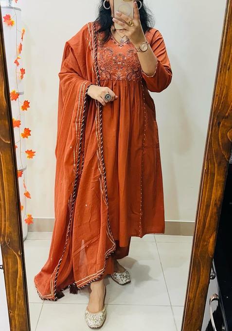 Orange Embroidered Cotton Anarkali Set