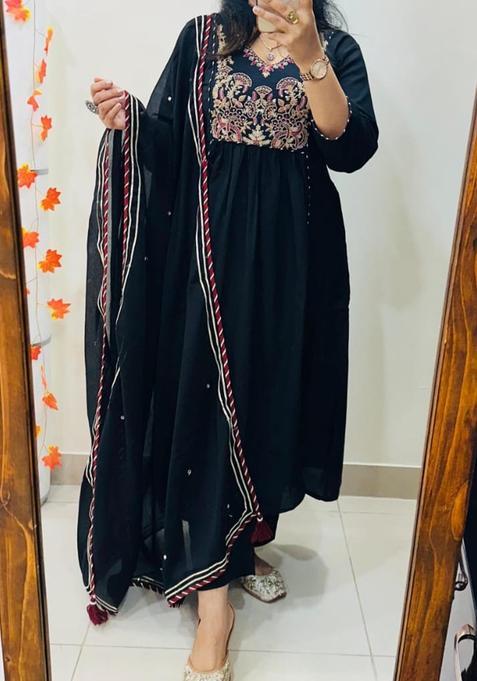 Black Embroidered Cotton Anarkali Set