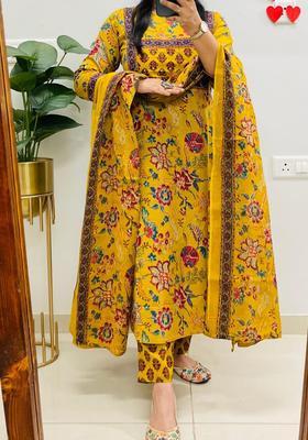 Dark Yellow Floral Print Cotton Straight Kurta Set