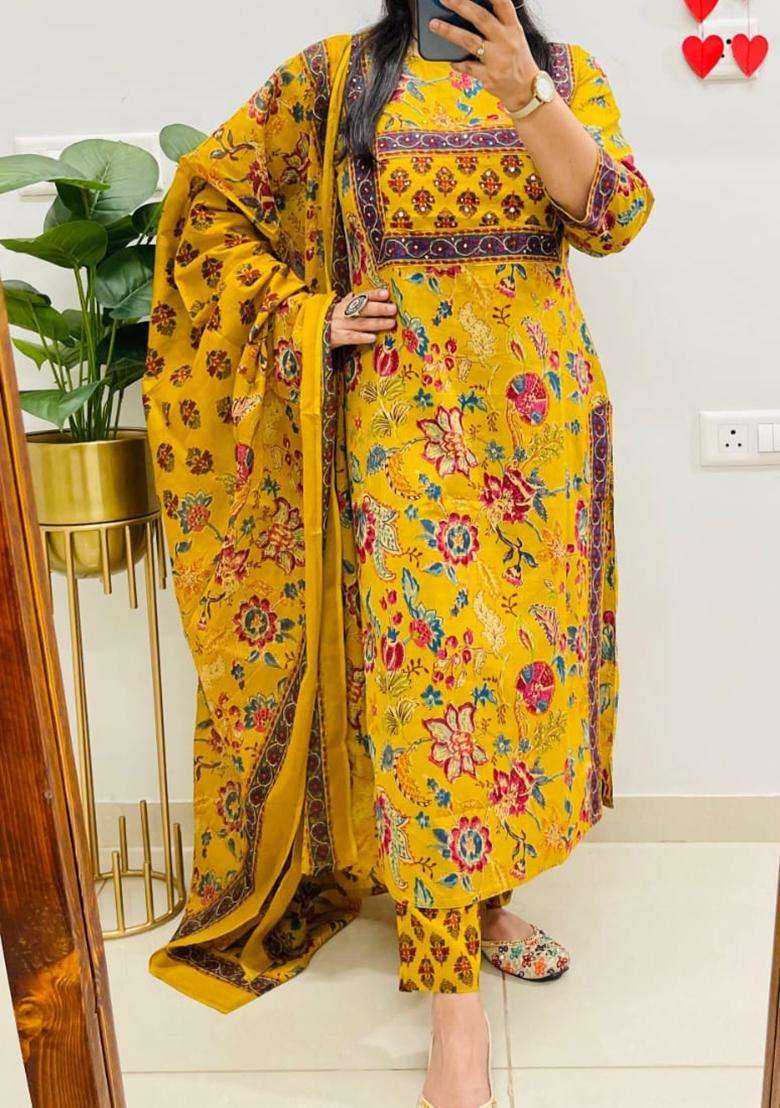 Dark Yellow Floral Print Cotton Straight Kurta Set - Indya