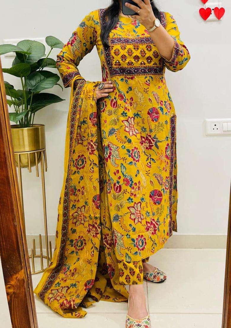 Dark Yellow Floral Print Cotton Straight Kurta Set - Indya