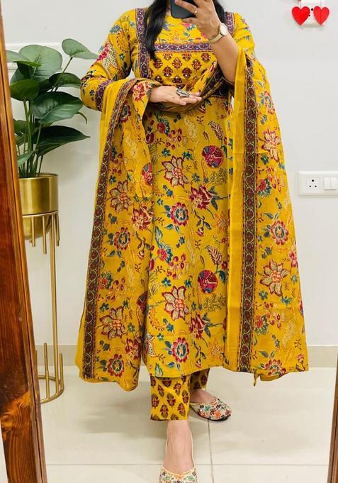 Dark Yellow Floral Print Cotton Straight Kurta Set