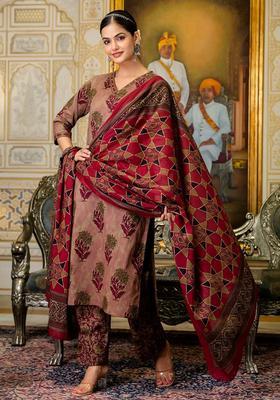 Maroon Printed Cotton Straight Kurta Set