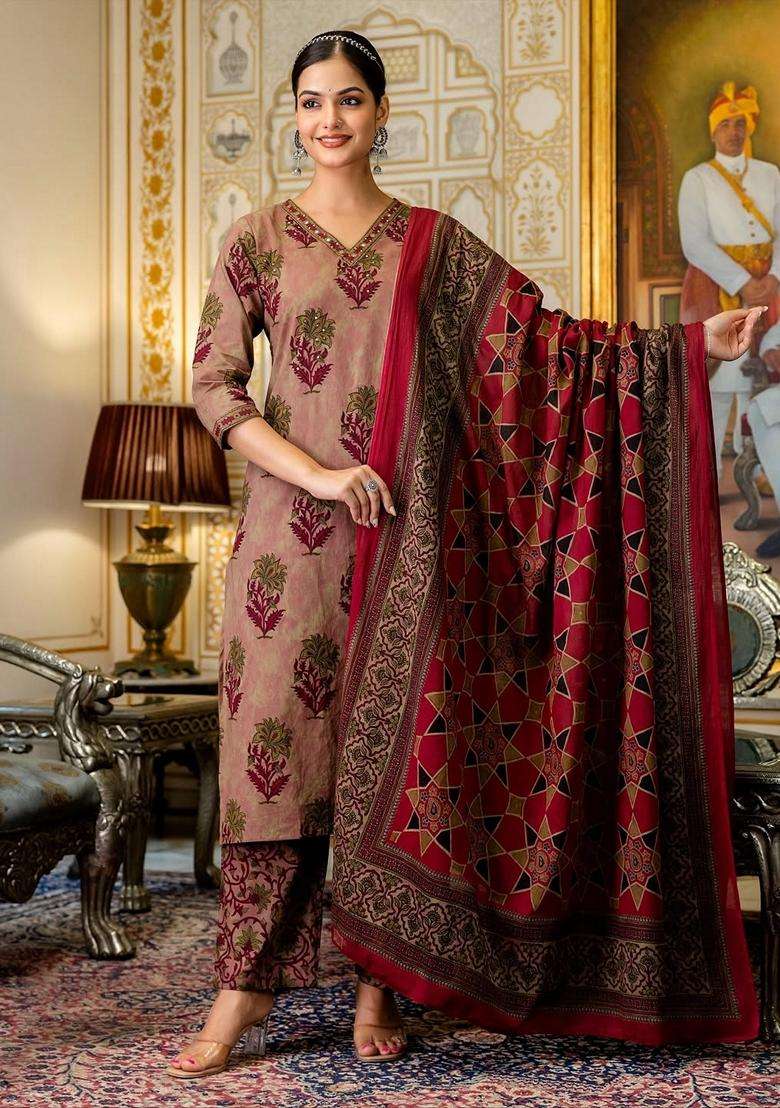 Maroon Printed Cotton Straight Kurta Set - Indya