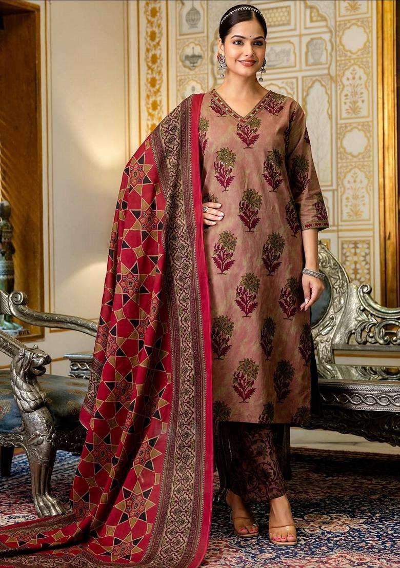 Maroon Printed Cotton Straight Kurta Set - Indya