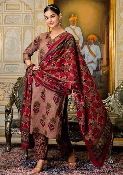 Maroon Printed Cotton Straight Kurta Set