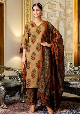 Dark Yellow Printed Cotton Straight Kurta Set