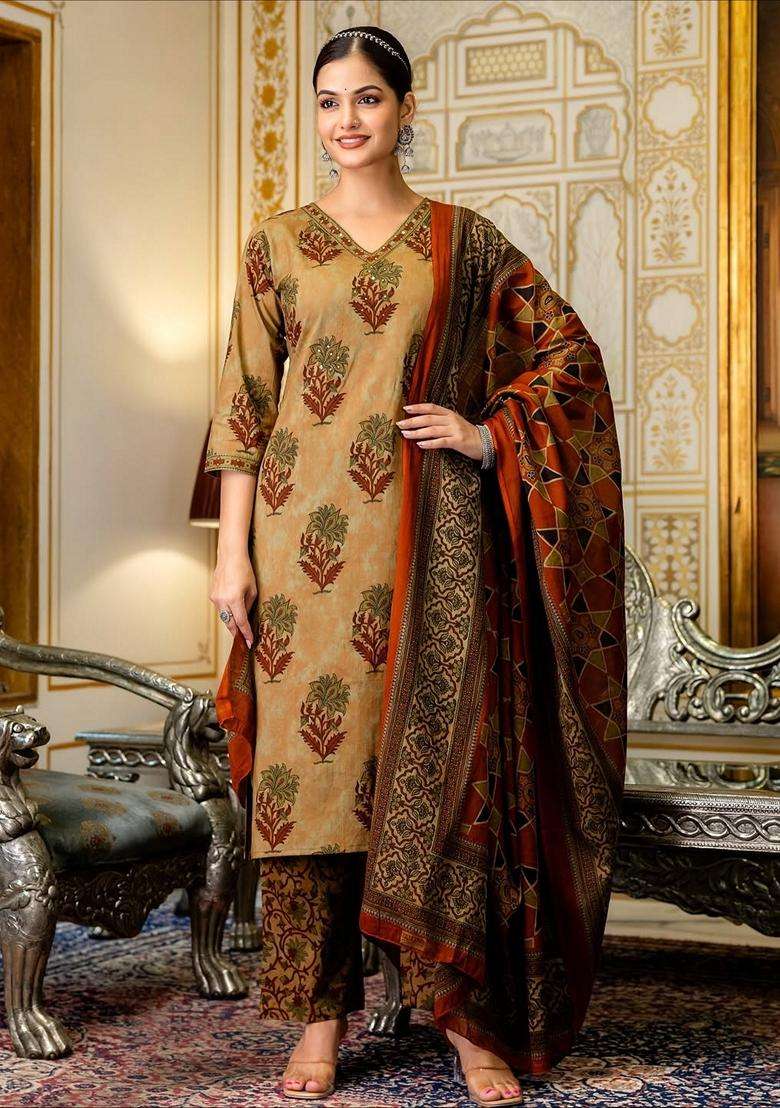 Dark Yellow Printed Cotton Straight Kurta Set - Indya