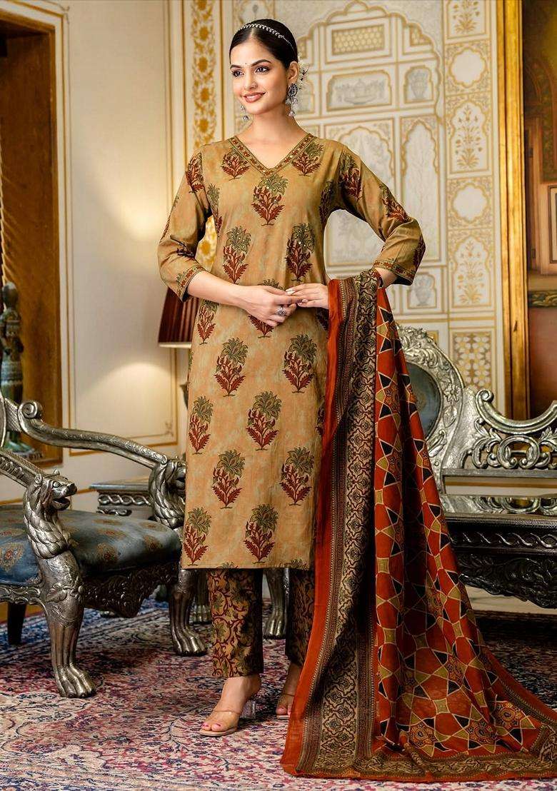Dark Yellow Printed Cotton Straight Kurta Set - Indya