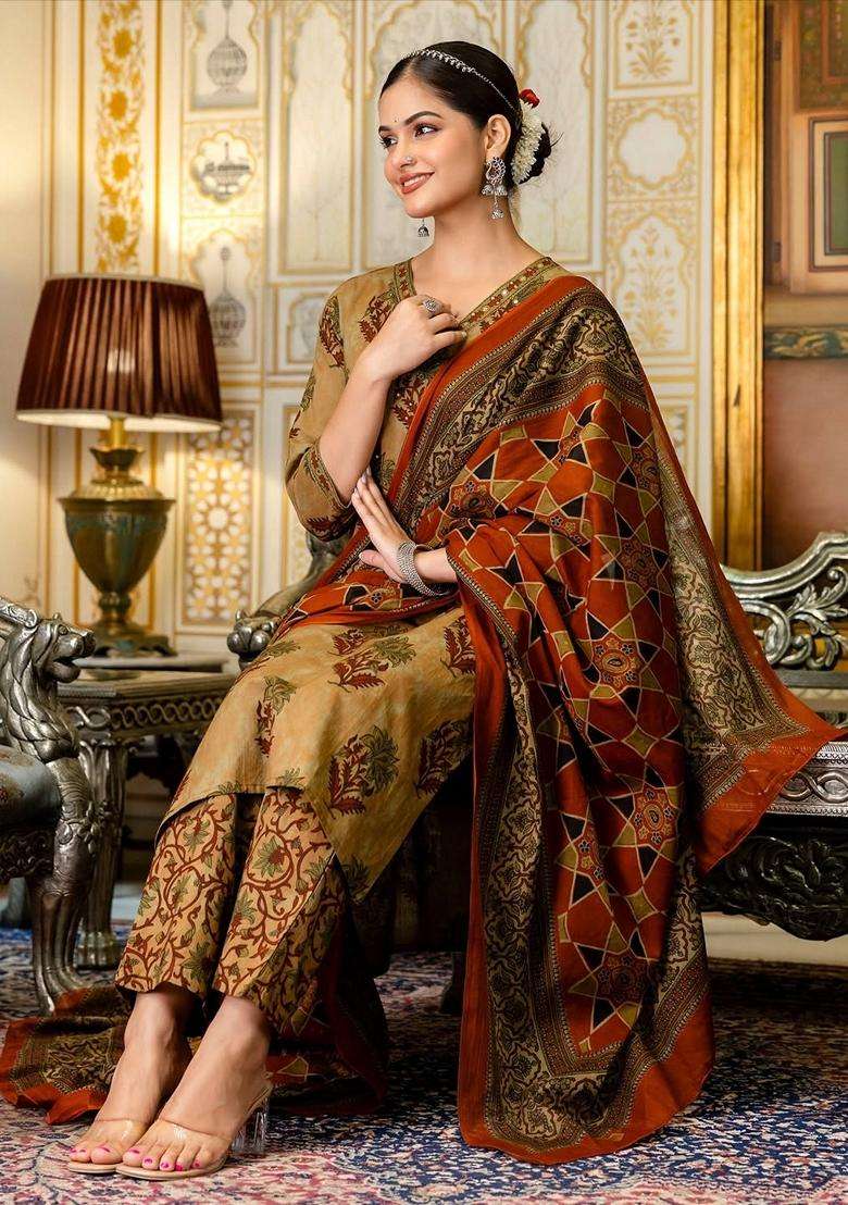 Dark Yellow Printed Cotton Straight Kurta Set - Indya