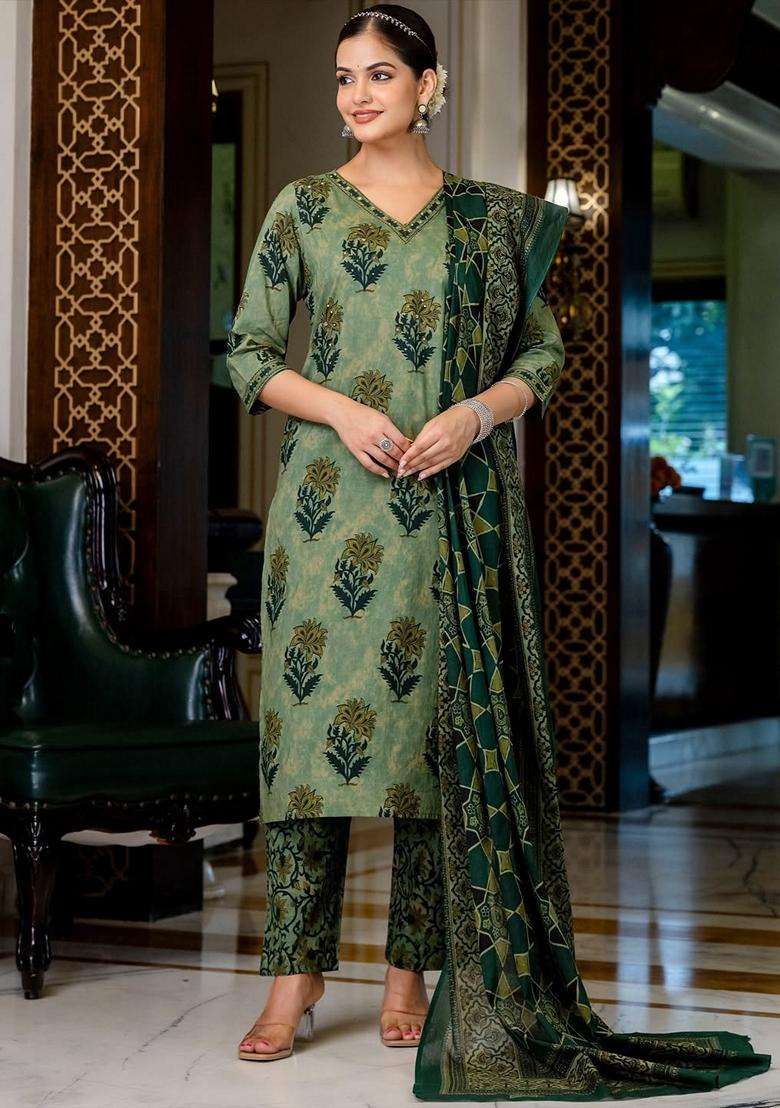 Green Printed Cotton Straight Kurta Set - Indya