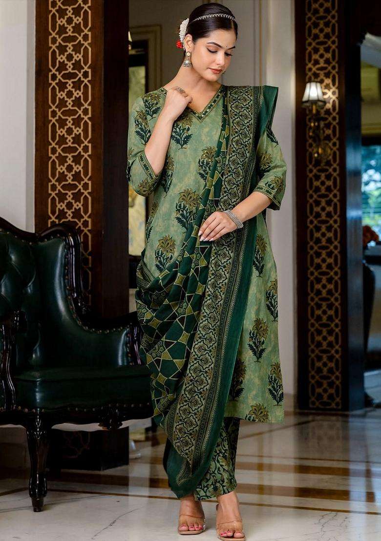 Green Printed Cotton Straight Kurta Set - Indya