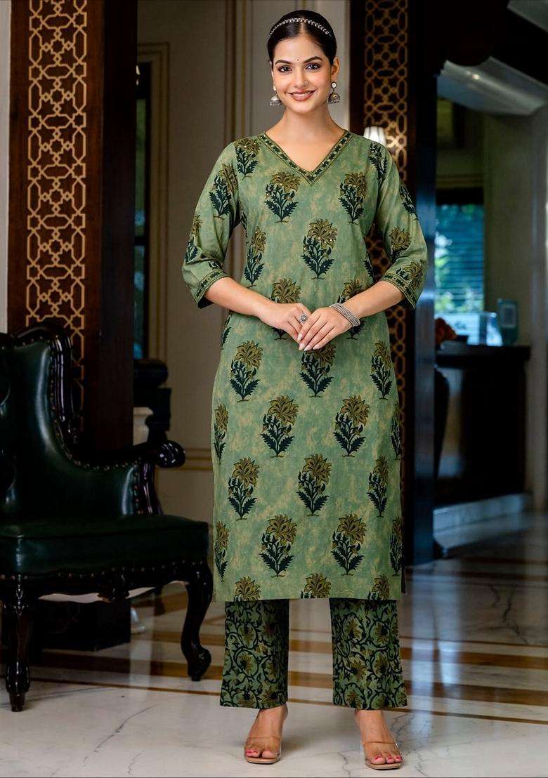 Green Printed Cotton Straight Kurta Set - Indya