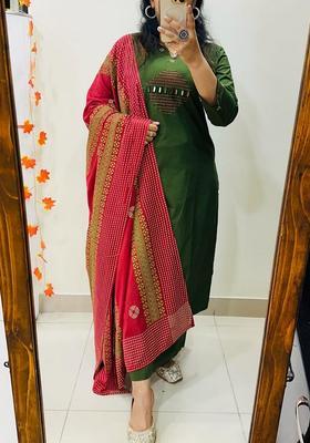 Green Mirror Work Cotton Straight Kurta Set