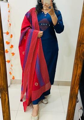 Blue Embroidered Cotton Straight Kurta Set
