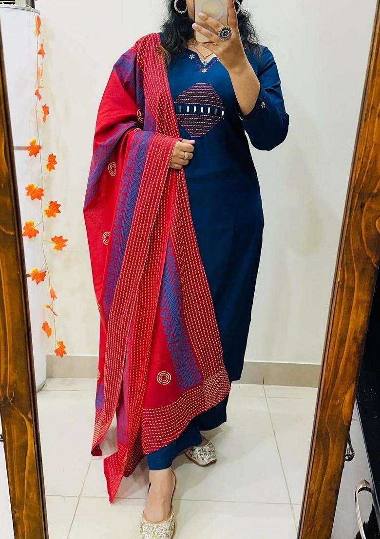 Blue Embroidered Cotton Straight Kurta Set - Indya