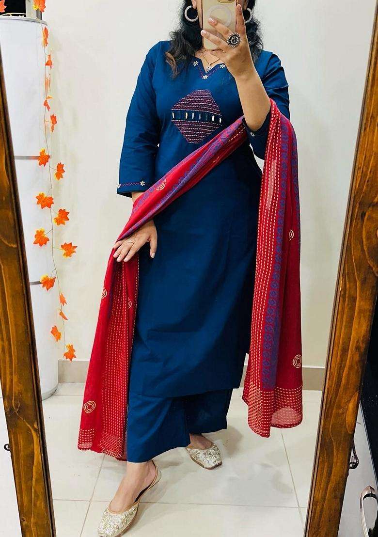 Blue Embroidered Cotton Straight Kurta Set - Indya
